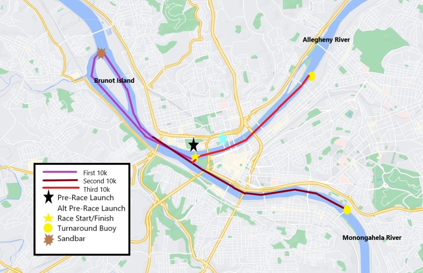 Map of the 3RMS course showing the first 10K on the Ohio to Brunot Island, the second 10K on the Monongahela to the Hot Metal Bridge, and the third 10K on the Allegheny, with the race start and finish at Point State Park.